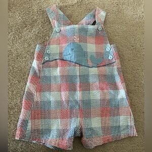 Kids Plaid Whale Appliqué Shortalls - Red/Blue